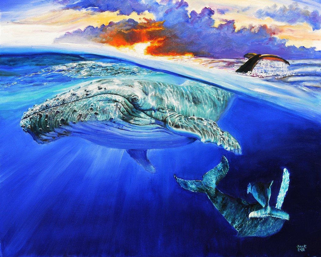 Split image of humpback whales and calf | Oil paint on linen | Year: 2022 | Dimensions: 80x100cm