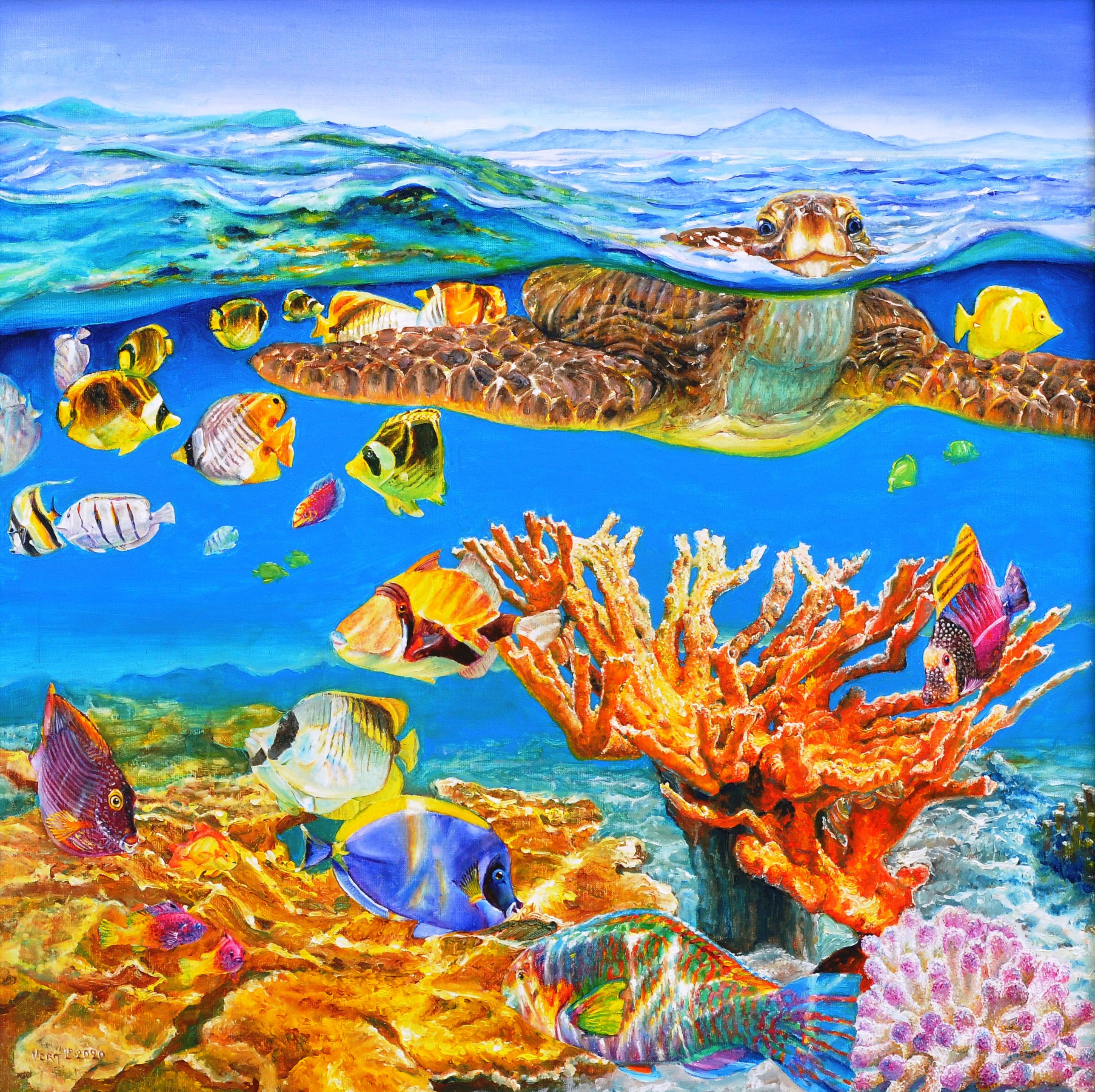 Split image of a coral reef | Oil paint on linen | Year: 2020 | Dimensions: 90x90cm