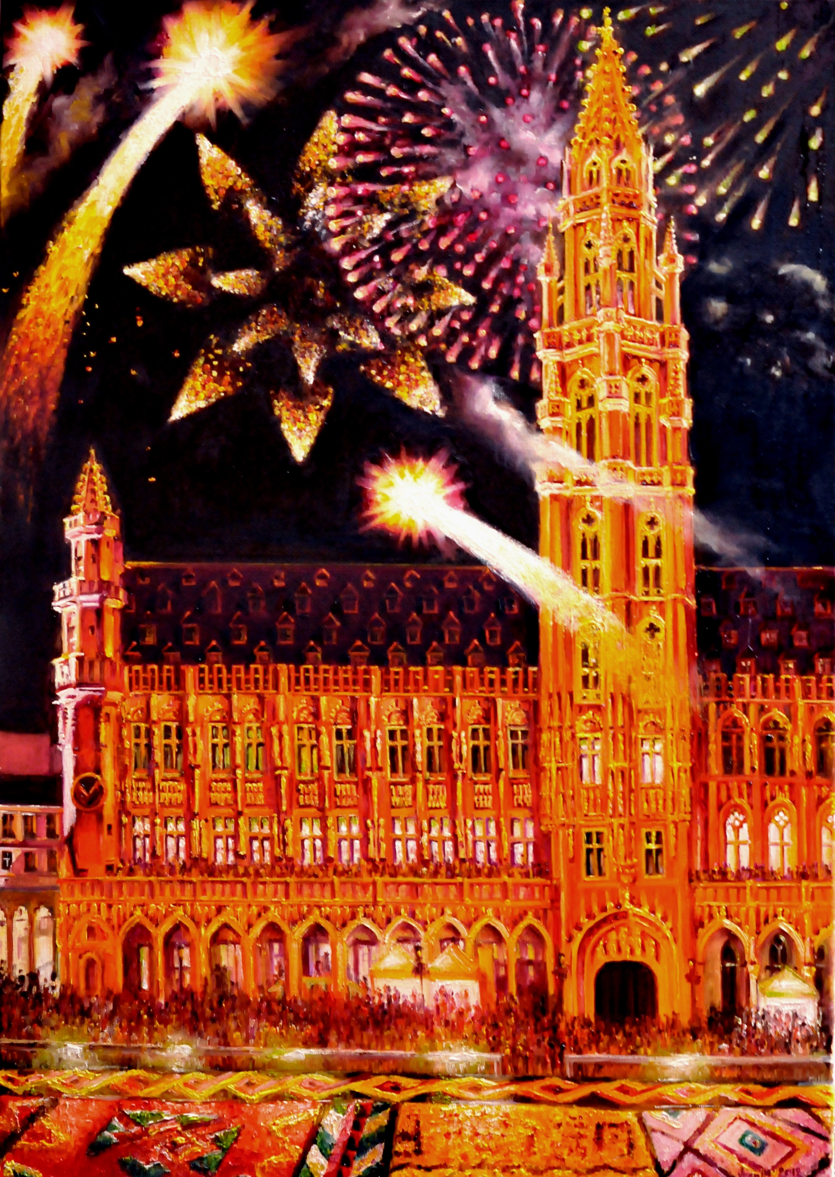 Vuurwerk op de Grote Markt Brussel, België | Olieverf op linnen | Jaar: 2012 | Afmetingen: 100x70cm