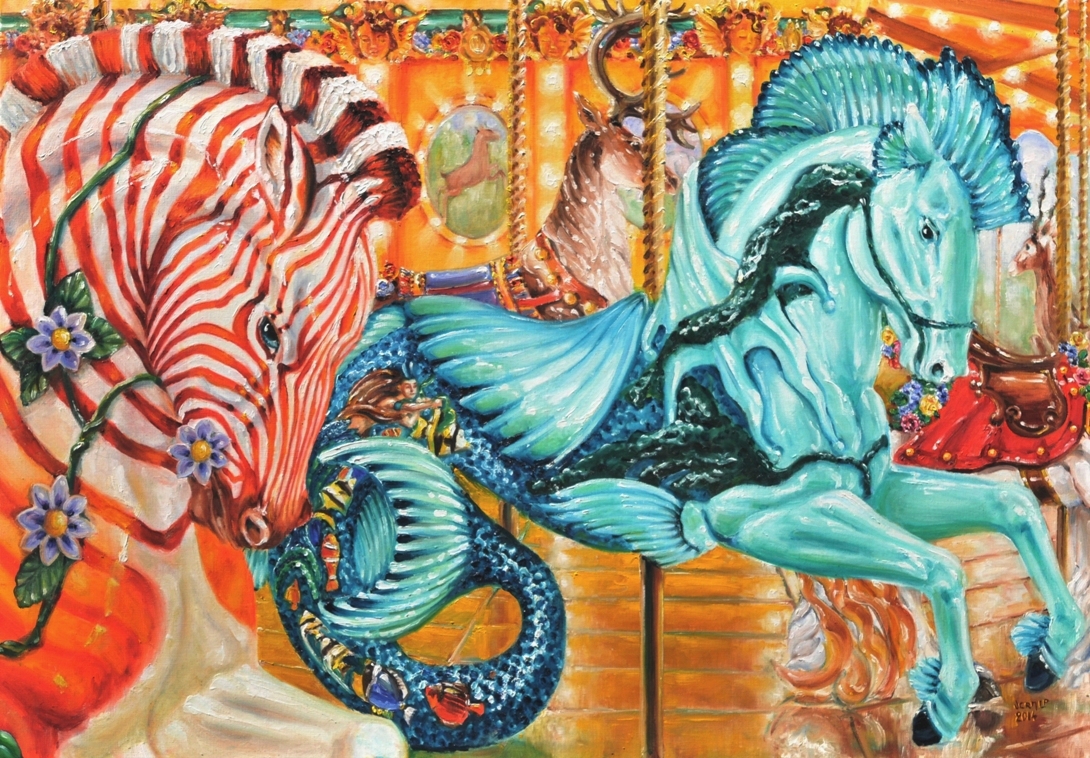 Quigga and seahorse (Albany Brass Ring carvings) | Oil paint on linen | Year: 2014 | Dimensions: 70x100cm