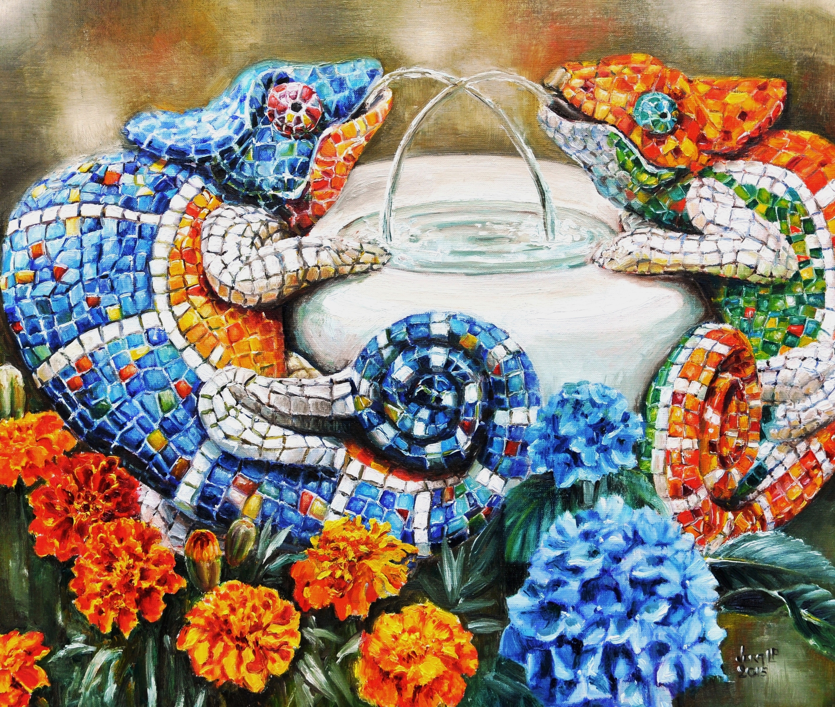 Chameleon mosaic fountain | Oil paint on linen | Year: 2016 | Dimensions: 60x70cm
