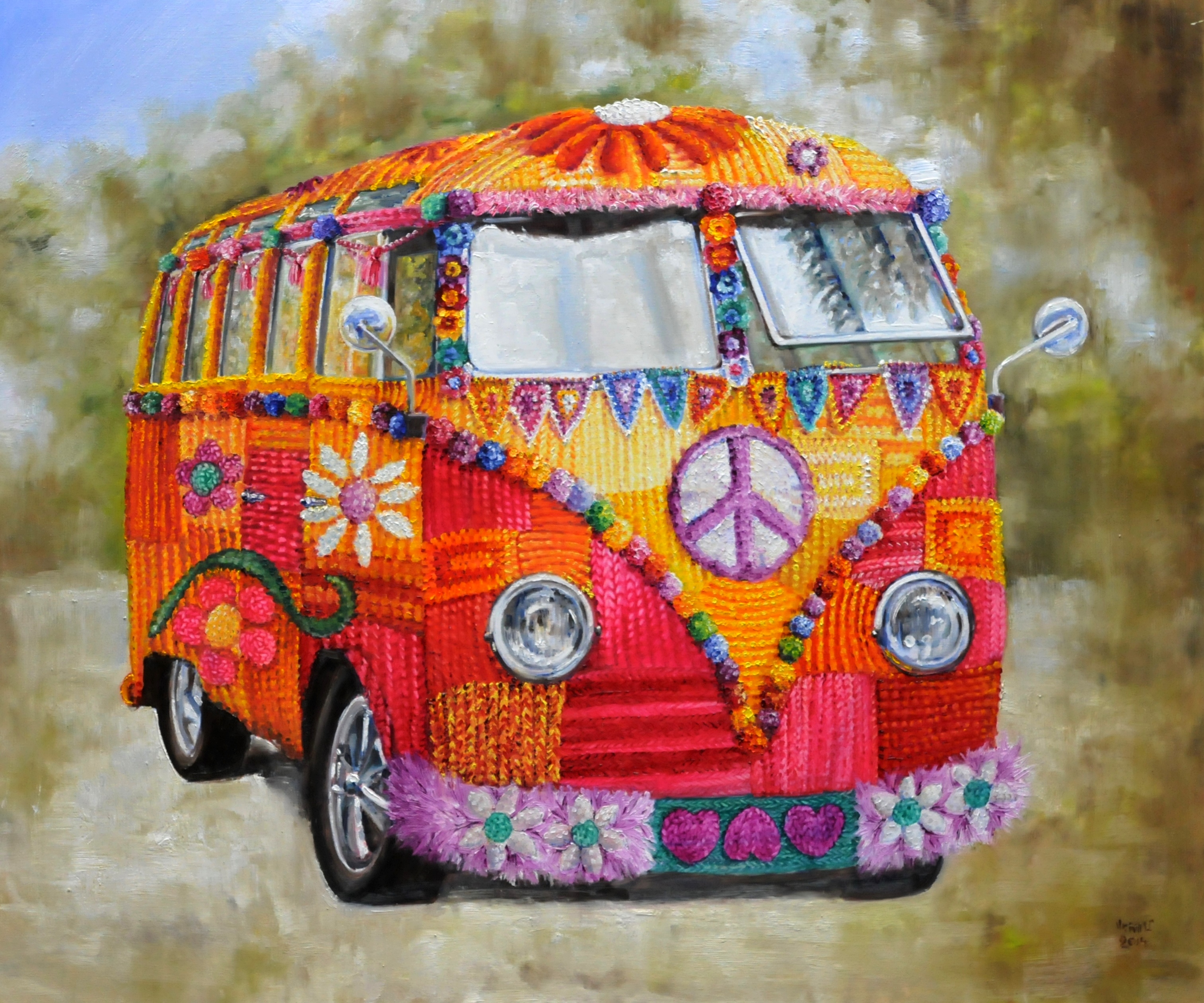 Yarnbombed VW camper | Oil paint on linen | Year: 2014 | Dimensions: 100x120cm